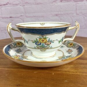 Vintage Minton Isis Blue Double Handled Footed Soup Bowl and Saucer Set